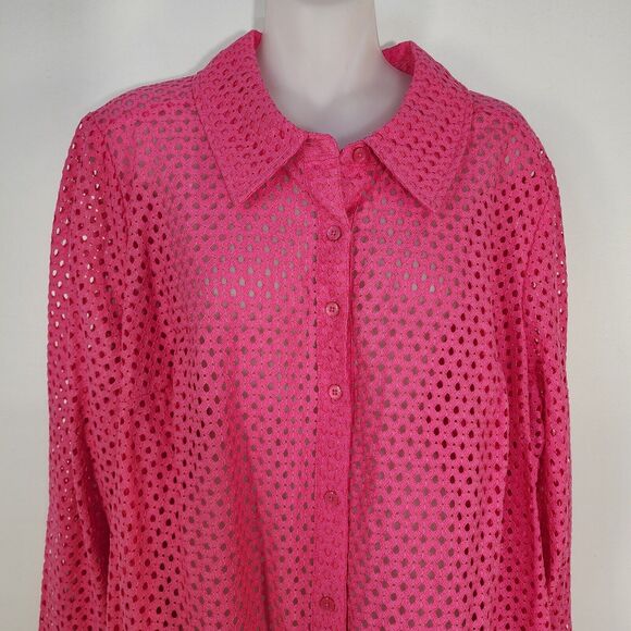 Denim & Co Shirt Womans Size 1X Pink Button Front Eyelet Long Sleeve A288398 - Picture 3 of 9
